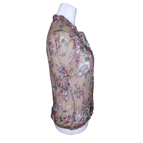 Vintage 80s Blouse Sheer Top Womens Size M Beige Purple Floral - Picture 2 of 5